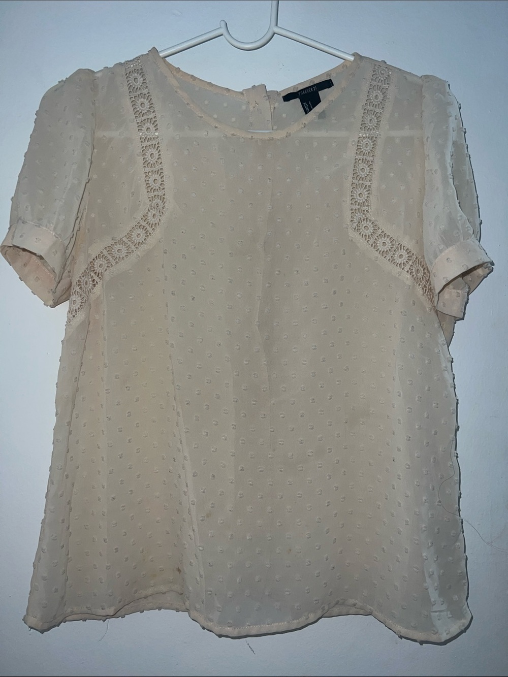 Forever 21 Cream Swiss Dot Lace-Trim Blouse